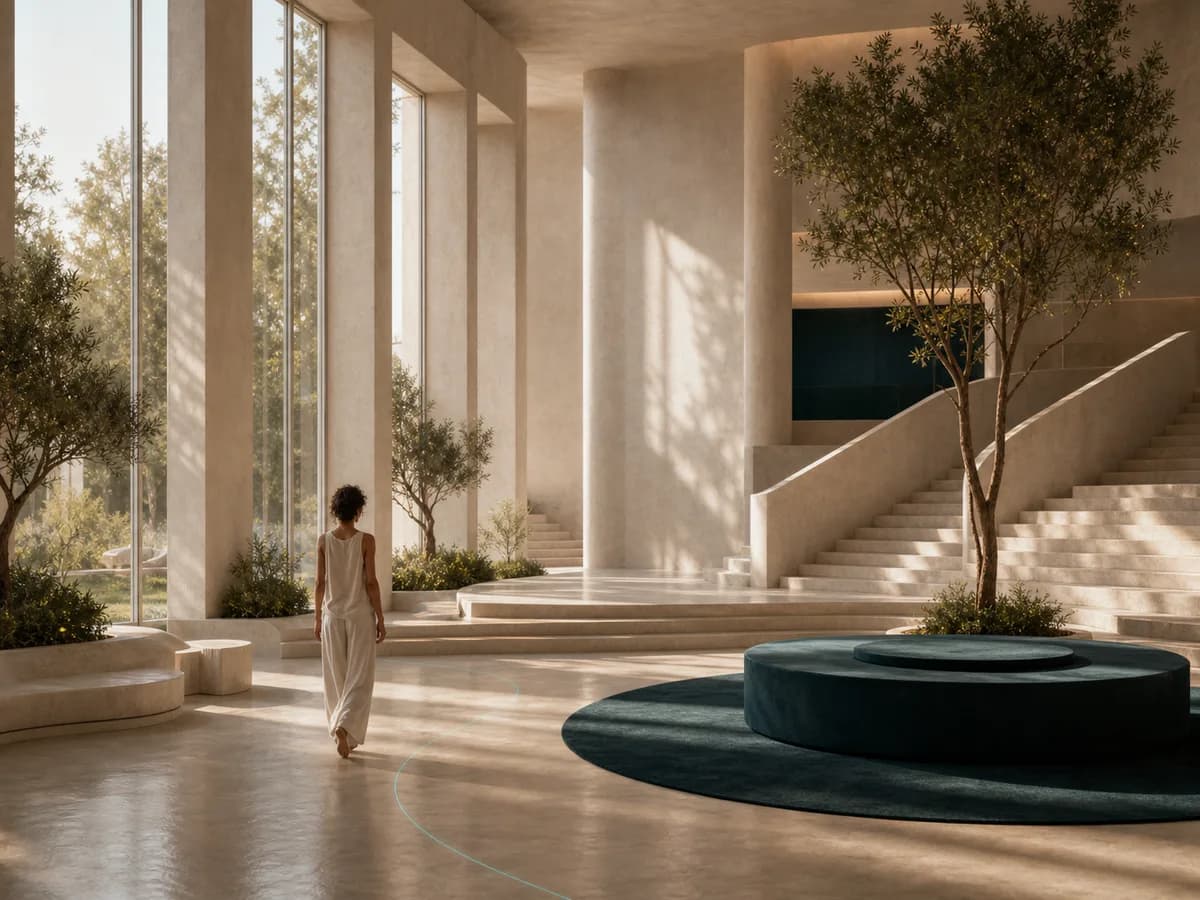 A calm, sunlit studio atrium with a soft signal path across the floor.