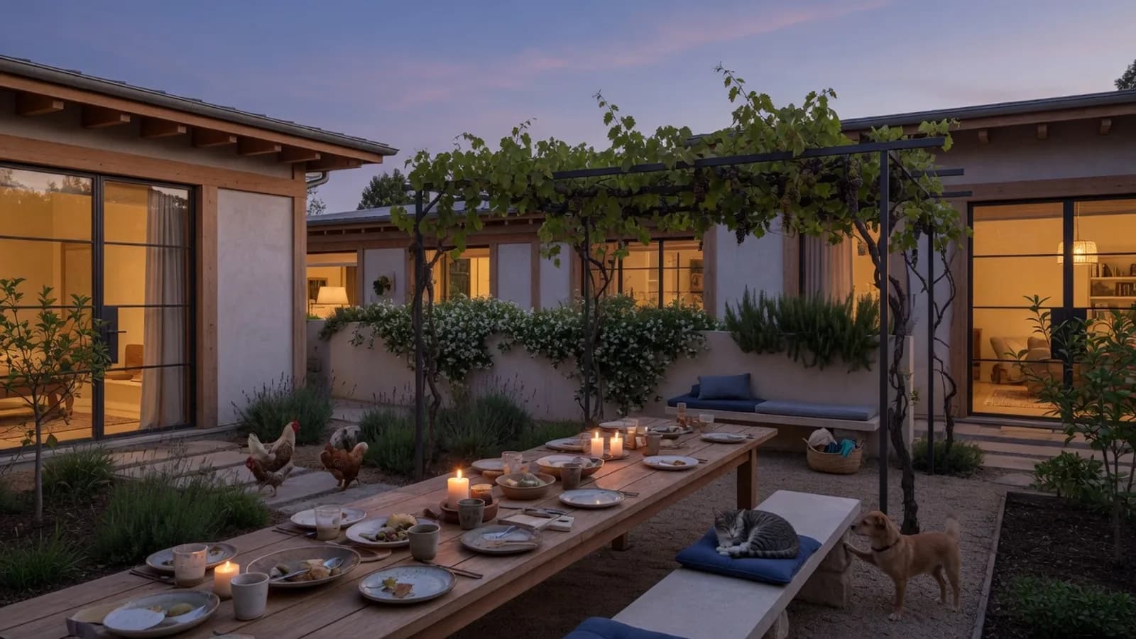 An illustrative dusk courtyard in a regenerative neighborhood, with warm interiors and animals at the margin.