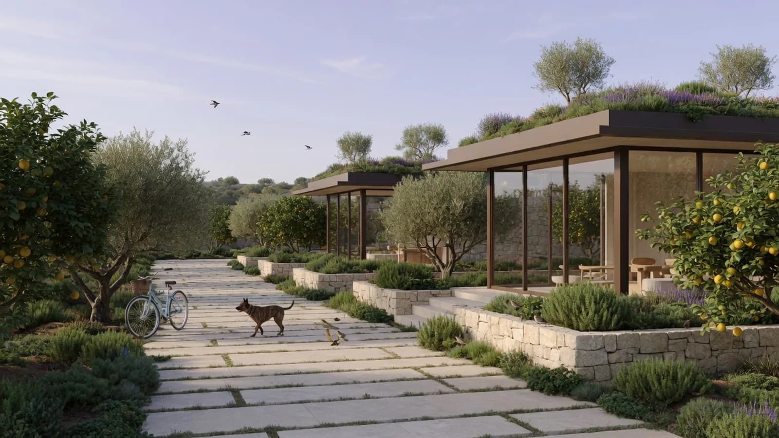 An illustrative forest-edge neighborhood with a stream, a bicycle path, and a dog.