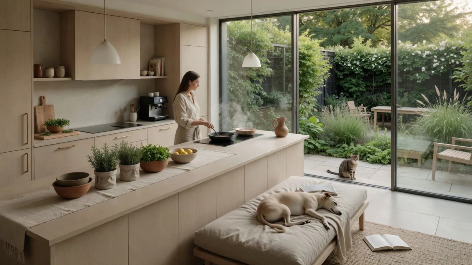 An illustrative shared kitchen opening onto a garden, with a cat at the threshold.