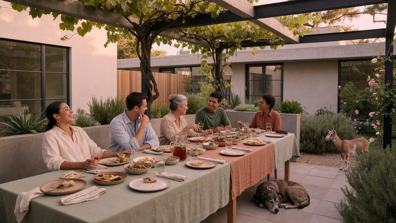 An illustrative path through a food forest into a shared kitchen and garden.