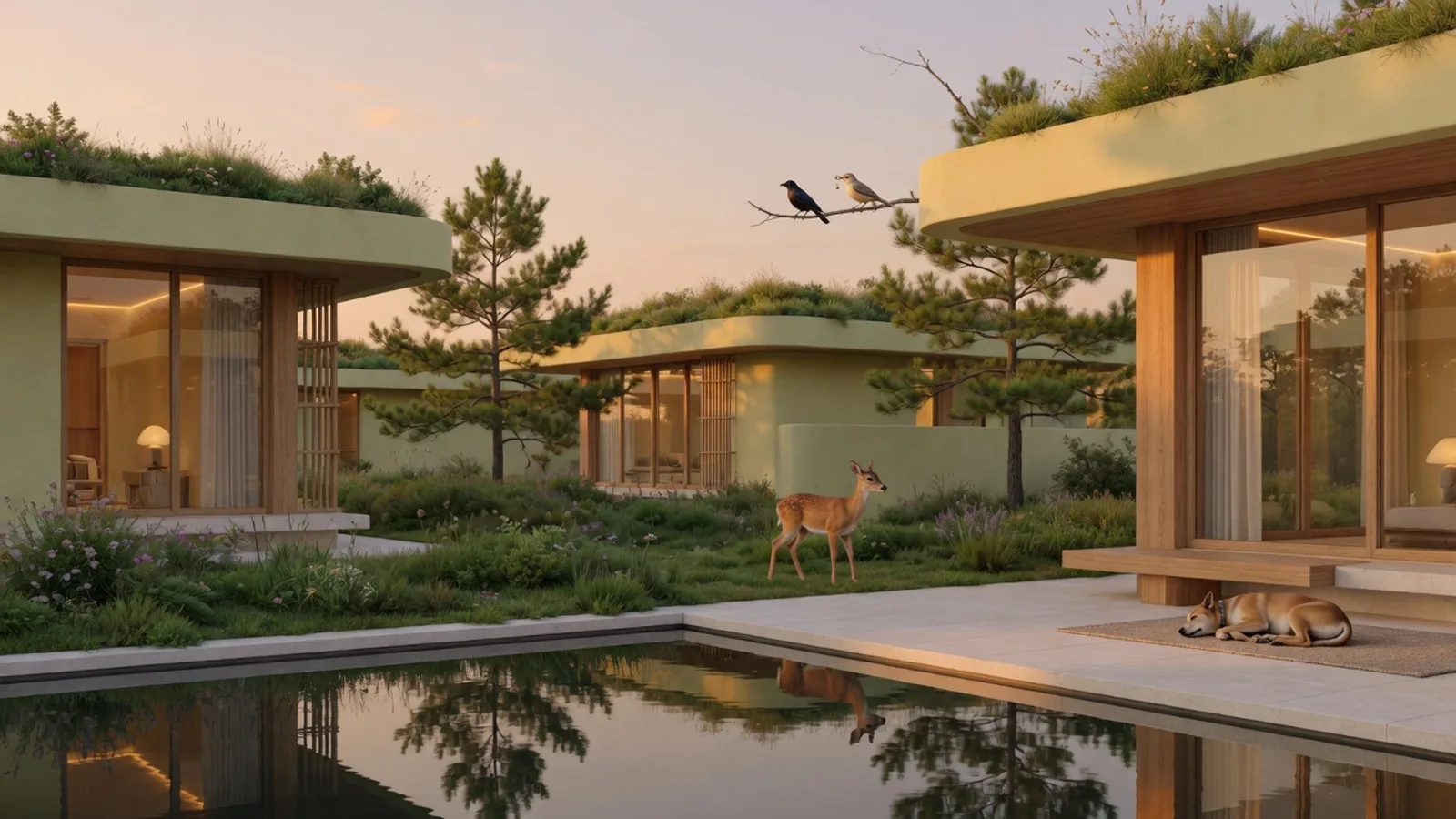 An illustrative temperate regenerative neighborhood with living roofs and animals.