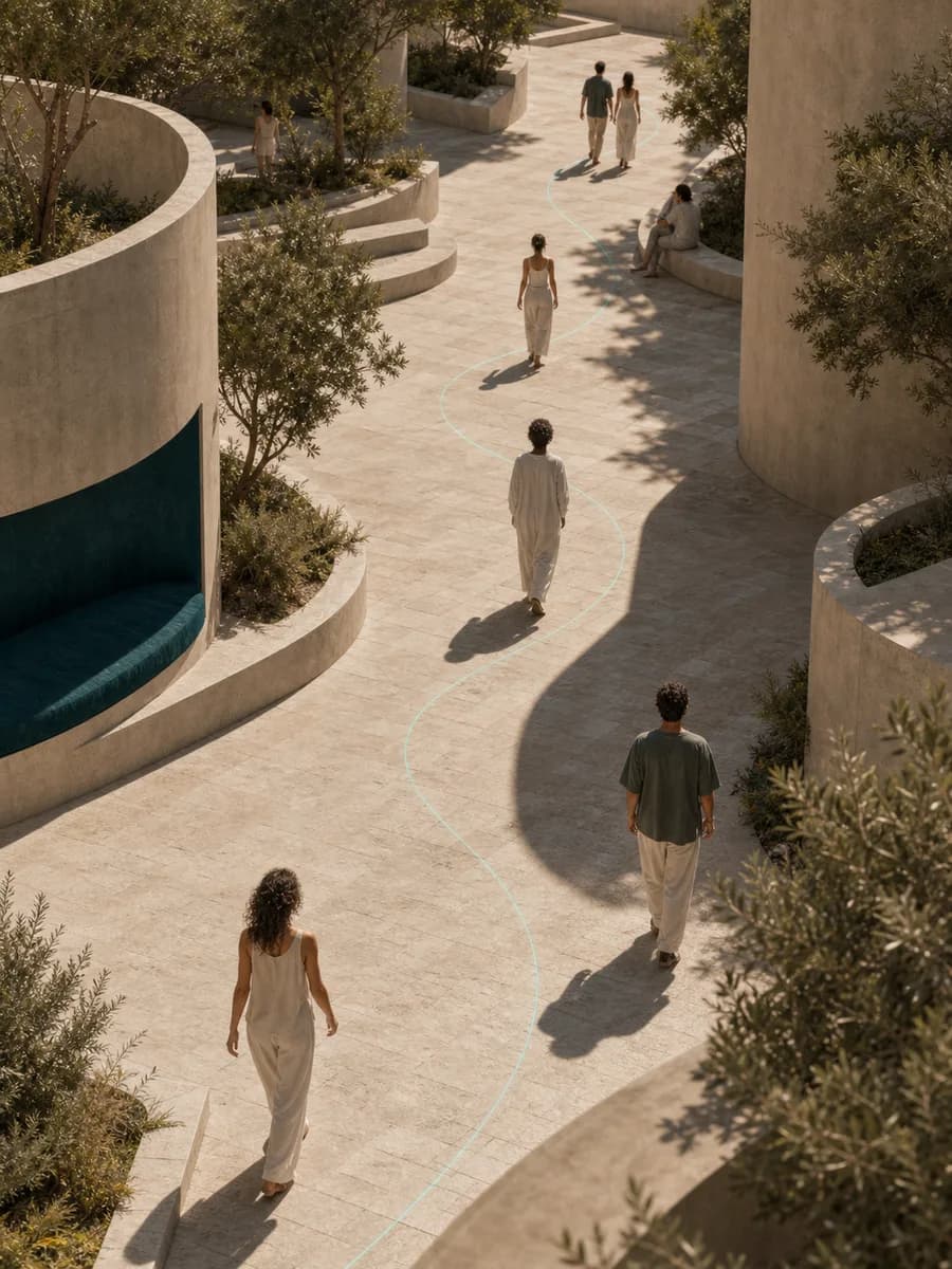 People moving along a winding path through a sunlit public space.