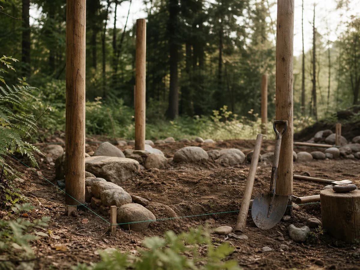 An illustrative scene of simple foundations among trees.
