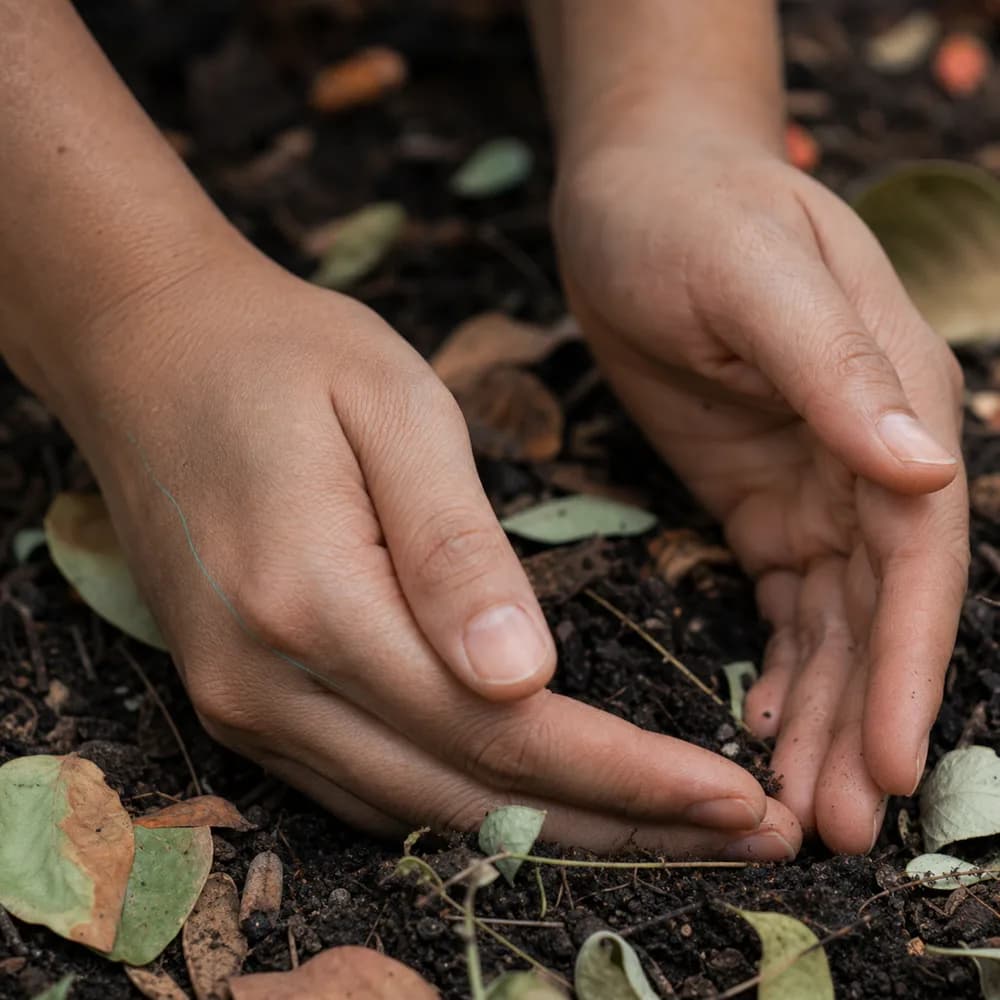 Hands resting in warm soil and leaf litter.