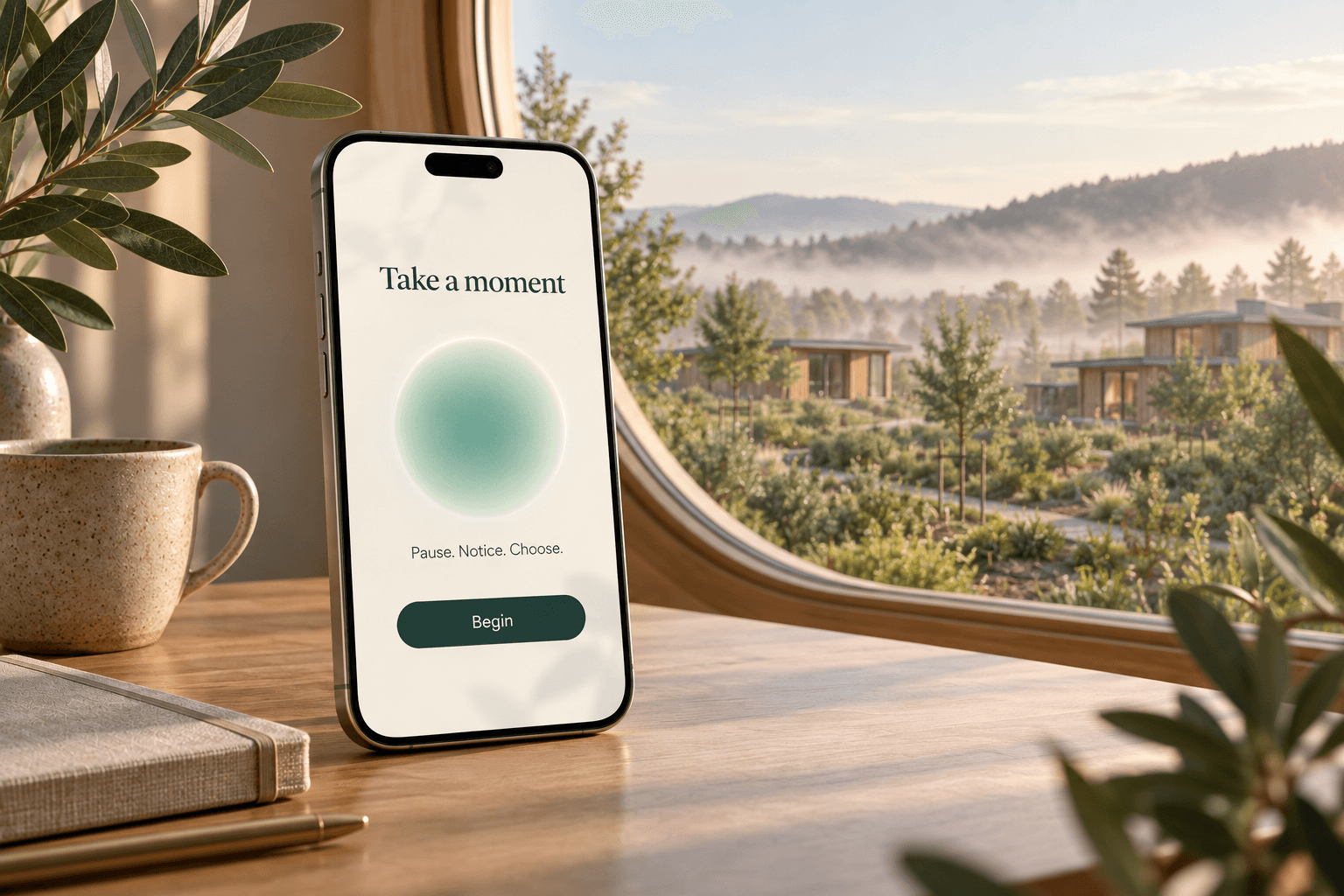 A phone standing on a wooden desk, showing a proposed Companion screen beside a garden window.
