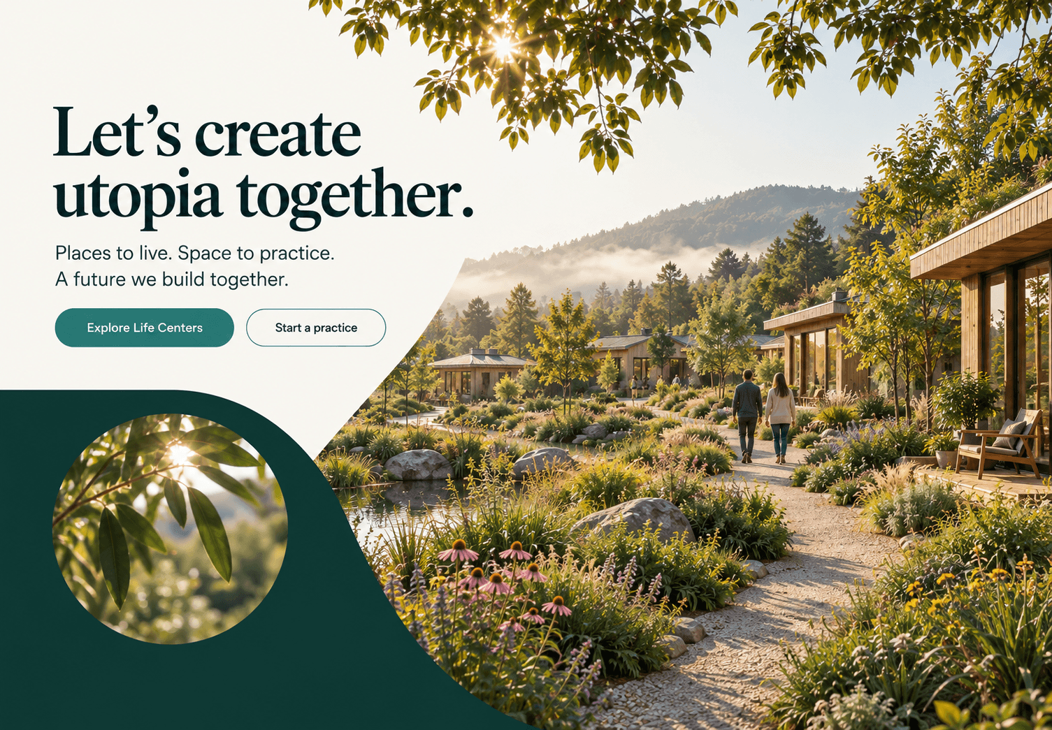A regenerative garden neighborhood with people walking a stone path among flowers, water, and timber dwellings.