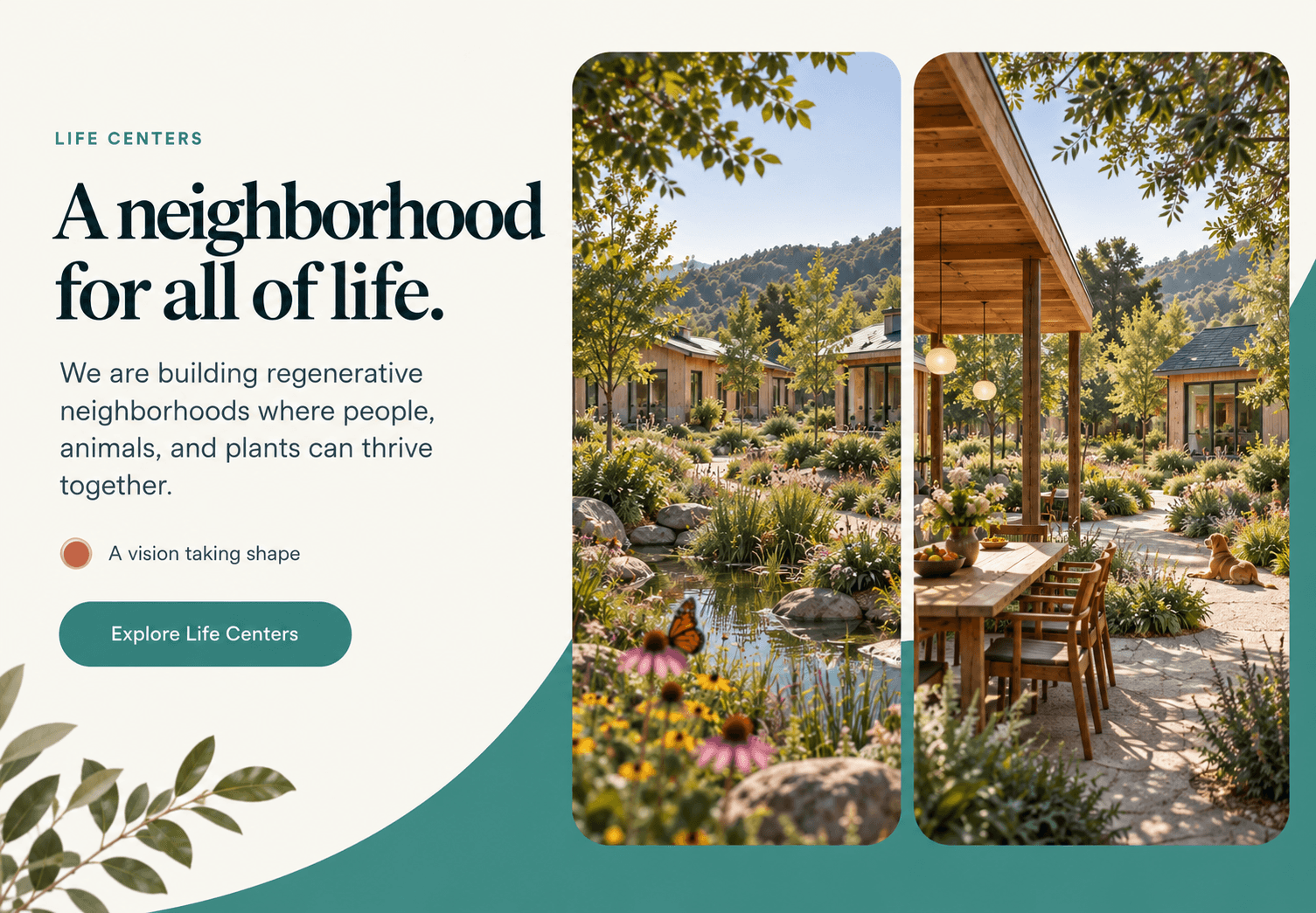 A planted courtyard with a small pond, wildflowers, and timber dwellings beyond.